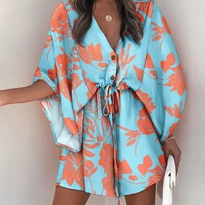 Summer Dress For Women 2024 New Floral Print Bat Half-Sleeve V-Neck Ruffle Irregular Hem Female Dress Casual Boho Women Clothes