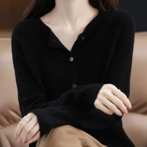 2024 New Chic Women's Basic O-neck Cardigan 100% Merino Wool Sweater Soft Grace Knitwear CoatSpring Autumn Female Clothes Tops