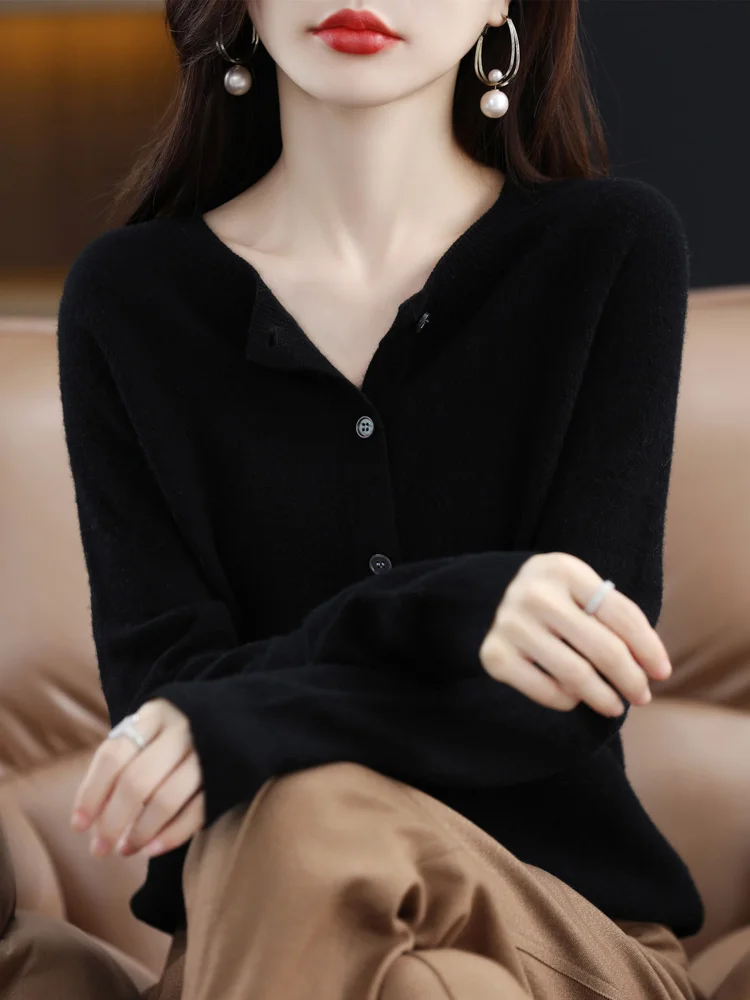 2024 New Chic Women's Basic O-neck Cardigan 100% Merino Wool Sweater Soft Grace Knitwear CoatSpring Autumn Female Clothes Tops - الصورة 13
