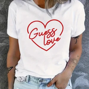 Ladies' casual short sleeved T-shirt - red heart-shaped "Guess Love" printed round neck top