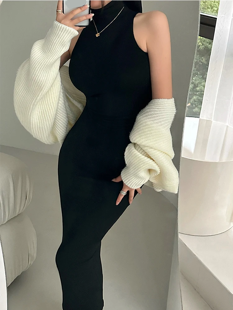 Red Skinny Sexy Turtleneck Midi Dress Women Evening Party Ladies Elastic Hip Wrap Elegant Bodycon Dresses Y2k Clothing - الصورة 3