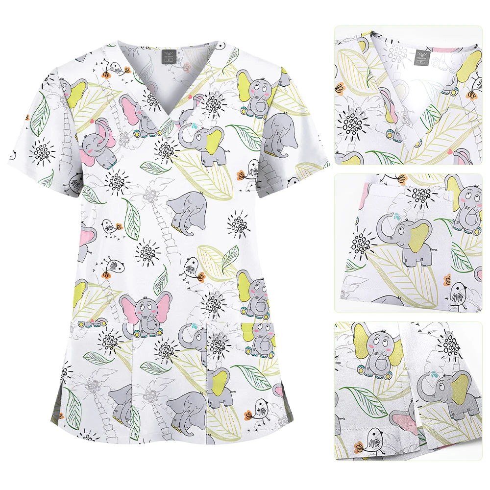 Surgical Uniform Printing Holiday Beautiful Shirt V-neck Style Pocket Design Blouse Surgical Top Woman Men Nurse Medical Uniform - الصورة 3
