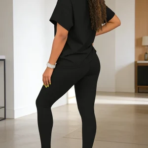 Fashion round-neck short-sleeved top paired with tight-fitting long pants - women's two-piece solid-color set