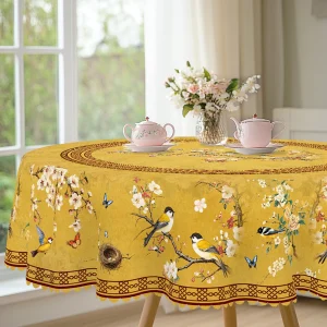 1 Piece Retro Style Flower and Bird Print Round Tablecloth, 5 Sizes Available, Square Tablecloth with Retro Shading Plum Blossom Flower and Bird Print Design, Edge Embossing Process, Daily Garden Tablecloth Decoration, Tablecloth for Daily Home Kitchen, Terrace Use, Spring and Summer Home Decoration