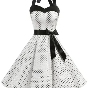 Women Polka Dot Print Summer Dress Sexy Retro White Halter Vintage Dress Robe Femme Pin Up Rockabilly Party Dress