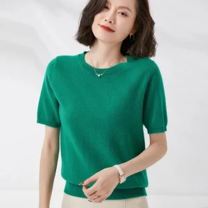 Spring and Summer New Short-sleeved Women O-neck Slim Wool Cotton Blend Pullover Vest T-shirt Knitted Base Sweater