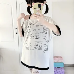 Japanese Y2k Subculture Cute T Shirt Off-shoulder White Short-sleeved Summer T-shirt Woman Cartoon Print Sweet Harajuku Tees