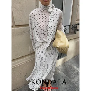 KONDALA Vintage Polka Dot Women Sets Chiffon Bow Tie Loose Blouses Loose Long Skirts Fashion 2026 Spring Summer Holiday Suits