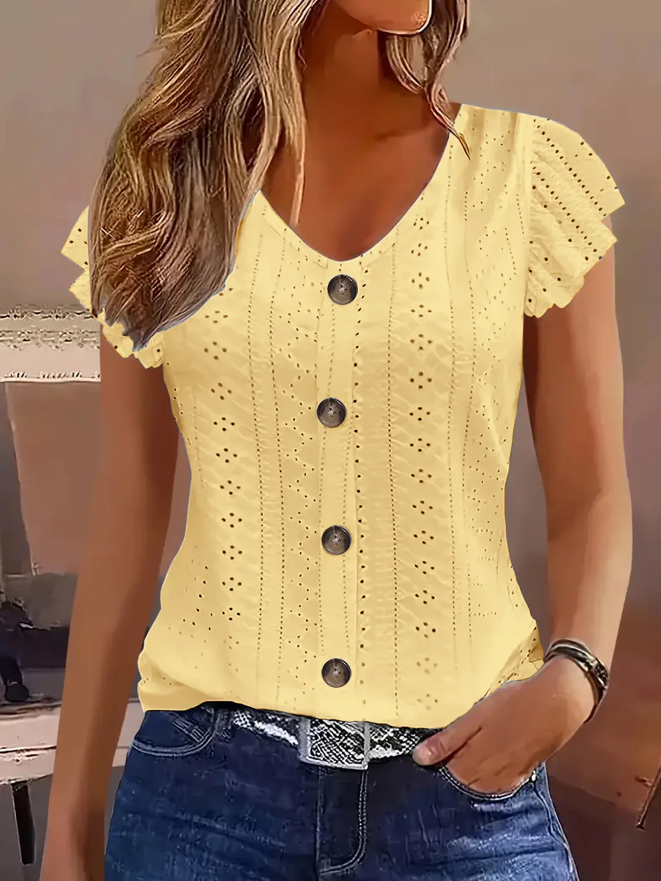 2025 Spring/Summer new women's fashion stylish commute casual solid color multi-color ruffle sleeve V-neck T-shirt - الصورة 10