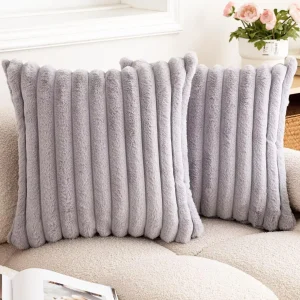 Faux Rabbit Fur Square Cushion Cover Big Thick Striped Super Soft Solid Color Pillow Cover 24×24inch Sofa Decor Cushion Covers