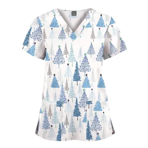 Wholesale Polyester Spandex Uniforms Beautiful Hospital Scrubs Tops Women Nurse Printed Scrub Top Healthcare Nursing Scrub Shirt
