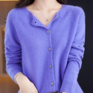 2024 New Chic Women's Basic O-neck Cardigan 100% Merino Wool Sweater Soft Grace Knitwear CoatSpring Autumn Female Clothes Tops