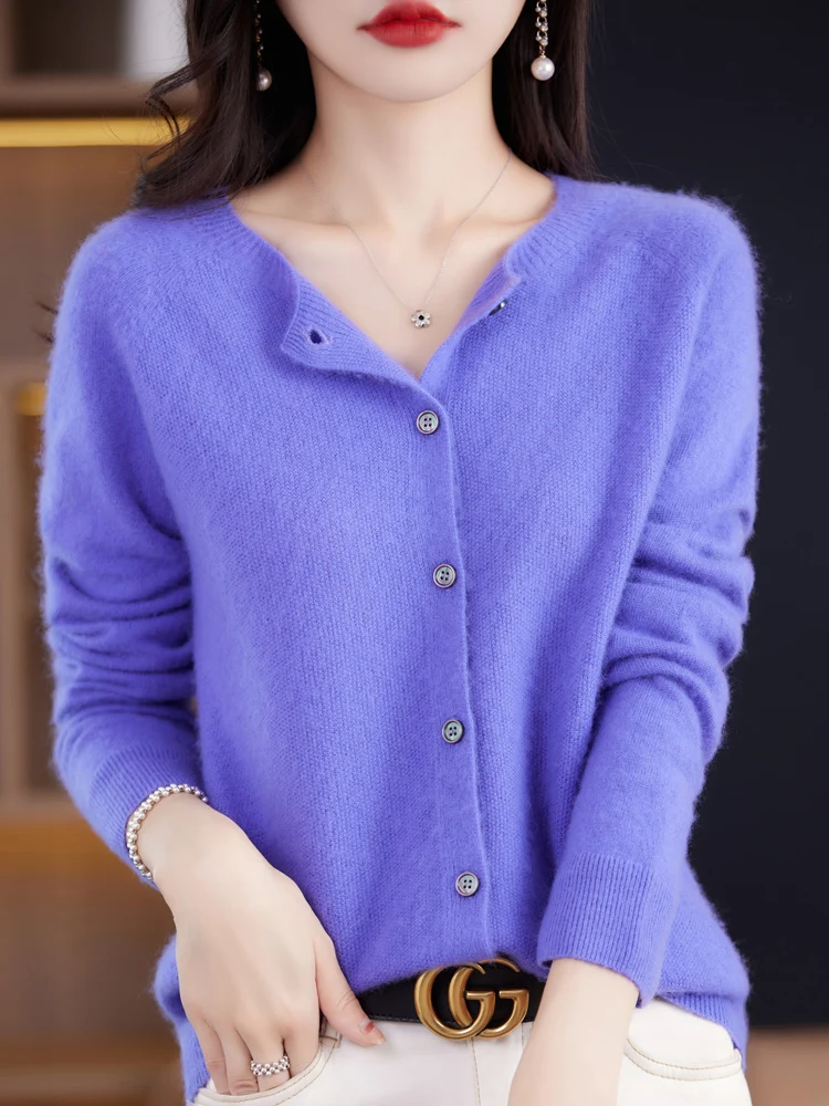 2024 New Chic Women's Basic O-neck Cardigan 100% Merino Wool Sweater Soft Grace Knitwear CoatSpring Autumn Female Clothes Tops - الصورة 19