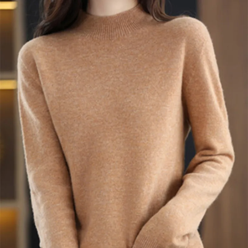 Half High Solid Color Cashmere Sweater For Women Loose Pullover Autumn and Winter Contracted Commuter Basic Knitwear Top Base - الصورة 20