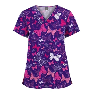 Wholesale Polyester Spandex Uniforms Beautiful Hospital Scrubs Tops Women Nurse Printed Scrub Top Healthcare Nursing Scrub Shirt