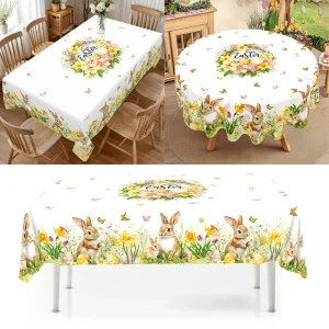 Spring Floral Easter Tablecloth Bunny Eggs Garden Tablecloth Rustic Easter Decorations for Home 2026 Kitchen Dining Table Cover