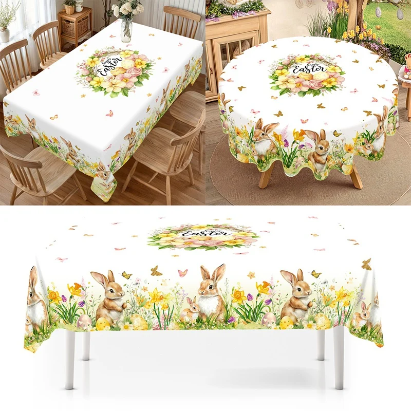 Spring Floral Easter Tablecloth Bunny Eggs Garden Tablecloth Rustic Easter Decorations for Home 2026 Kitchen Dining Table Cover