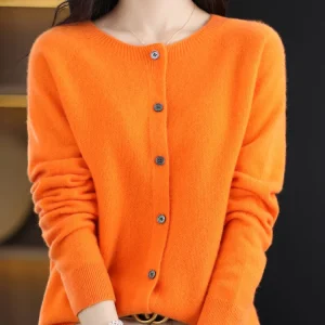 2024 New Chic Women's Basic O-neck Cardigan 100% Merino Wool Sweater Soft Grace Knitwear CoatSpring Autumn Female Clothes Tops
