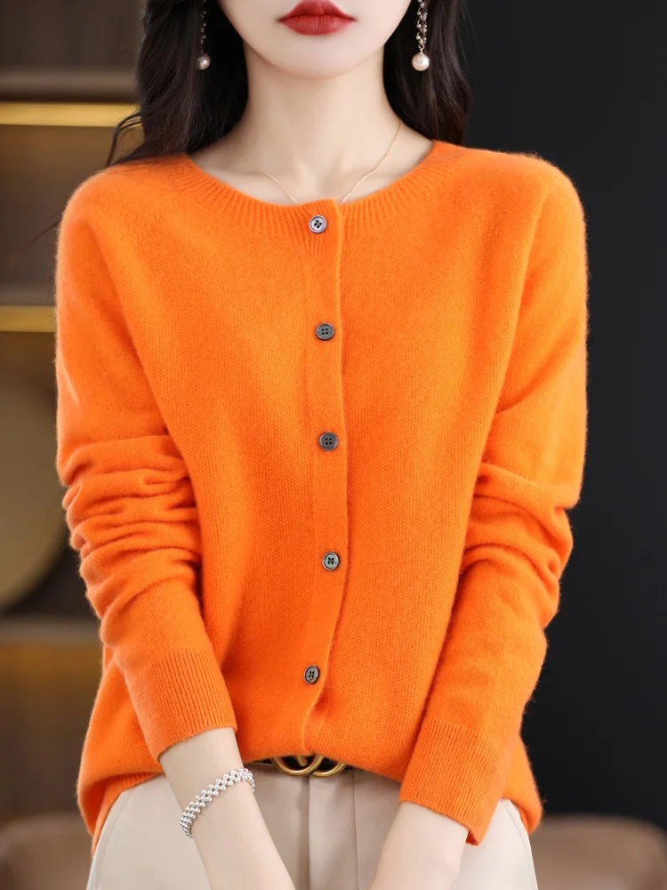 2024 New Chic Women's Basic O-neck Cardigan 100% Merino Wool Sweater Soft Grace Knitwear CoatSpring Autumn Female Clothes Tops - الصورة 6