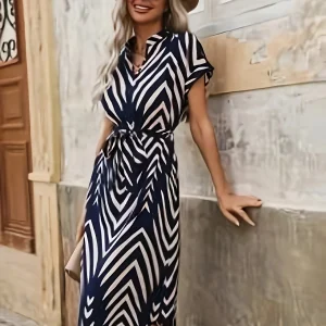 2024 Summer New Fashion Clothing Women's Elegant And Casual V-neck Short Sleeved Stripe Belt Comfortable Dress