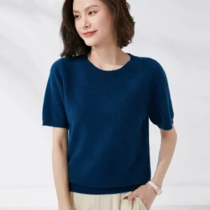 Spring and Summer New Short-sleeved Women O-neck Slim Wool Cotton Blend Pullover Vest T-shirt Knitted Base Sweater