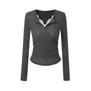 Women's Top Lace Patchwork Long Sleeve T-Shirt Base Shirt Fashion Vintage Fake Two-piece V-neck T-shirt Aesthetic Clothes