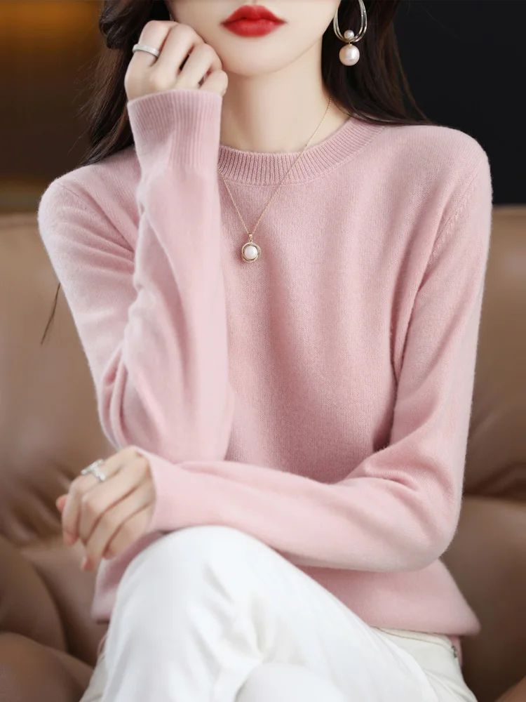 Fashion 100% Merino Wool Sweater Elegant Cashmere Pullover Women O-Neck Long Sleeve Knitwear Basic Clothing Jumper Tops - Image 18