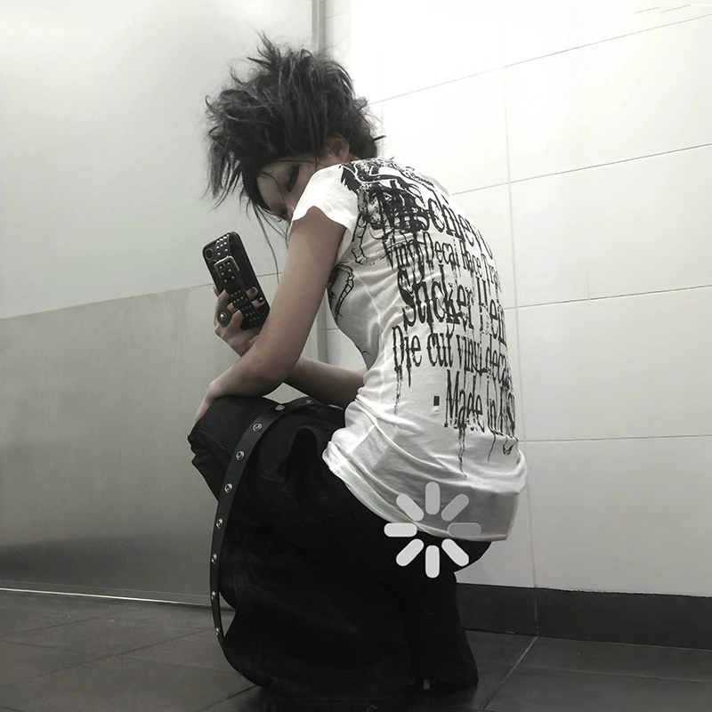 Karrcat Grunge Aesthetics Tattoo Print T-shirt Trashy 2000s Style Letter T Shirt Japanese Y2k White Sheer Tops Gothic Vintage - الصورة 4