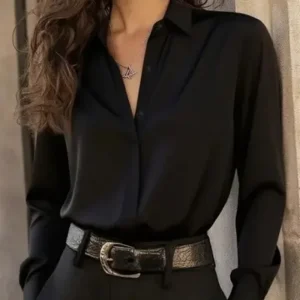 Women's  Long Sleeve Button Down Blouse - Elegant Office Chic Top with Classic Collar & Versatile Style