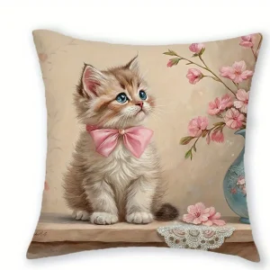 Adorable Kitten-Printed Pillowcases with Pink Bows and Floral Patterns Sofa cushion cover home room decoration 2D flat printing