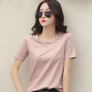 Sexy V-neck Solid Design Short Sleeve Tops Korean Casual Trendy Top Women New 2024 Summer Popular T Shirt for Women