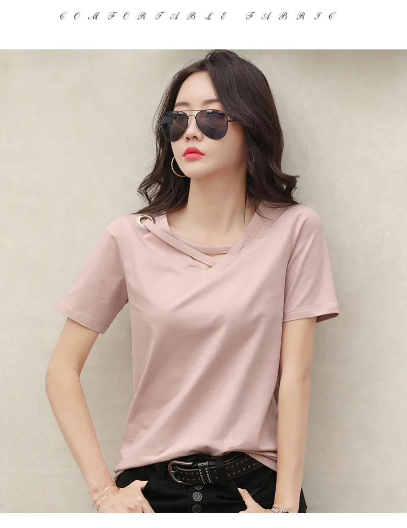 Sexy V-neck Solid Design Short Sleeve Tops Korean Casual Trendy Top Women New 2024 Summer Popular T Shirt for Women - الصورة 4