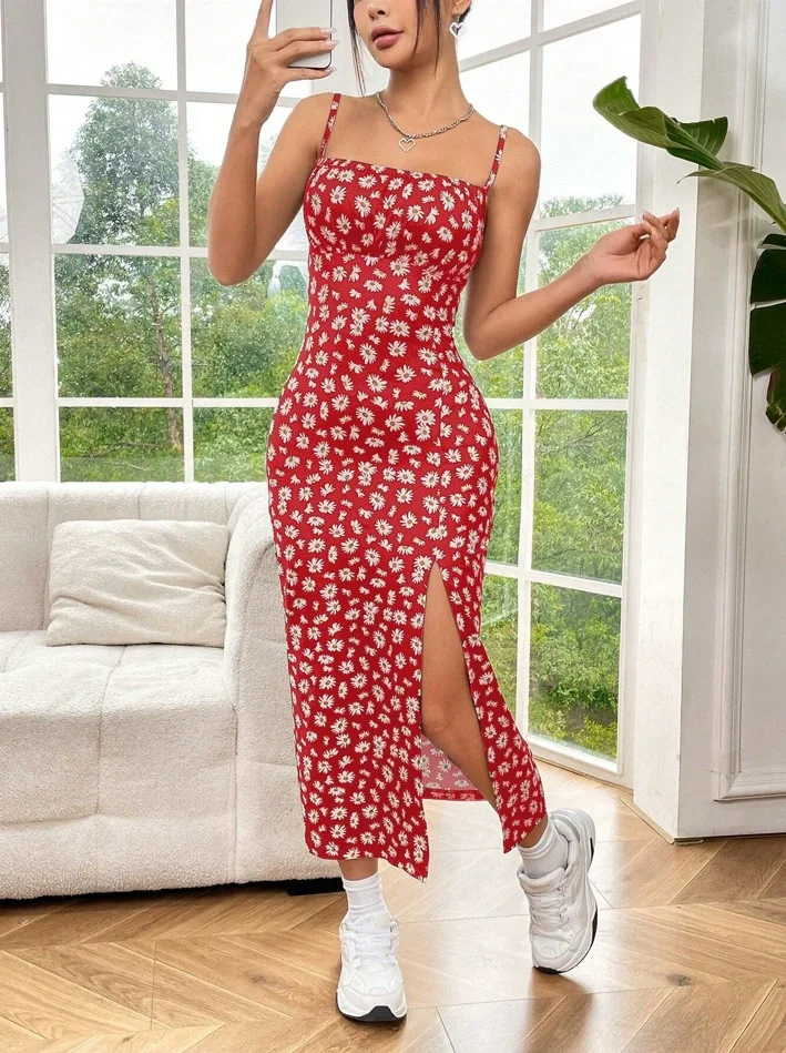Fall 2025 Long Dress Strapless Wrap Chest High Slit Daisy Leopard Print Wrap around Skirt Maxi Dress - الصورة 10