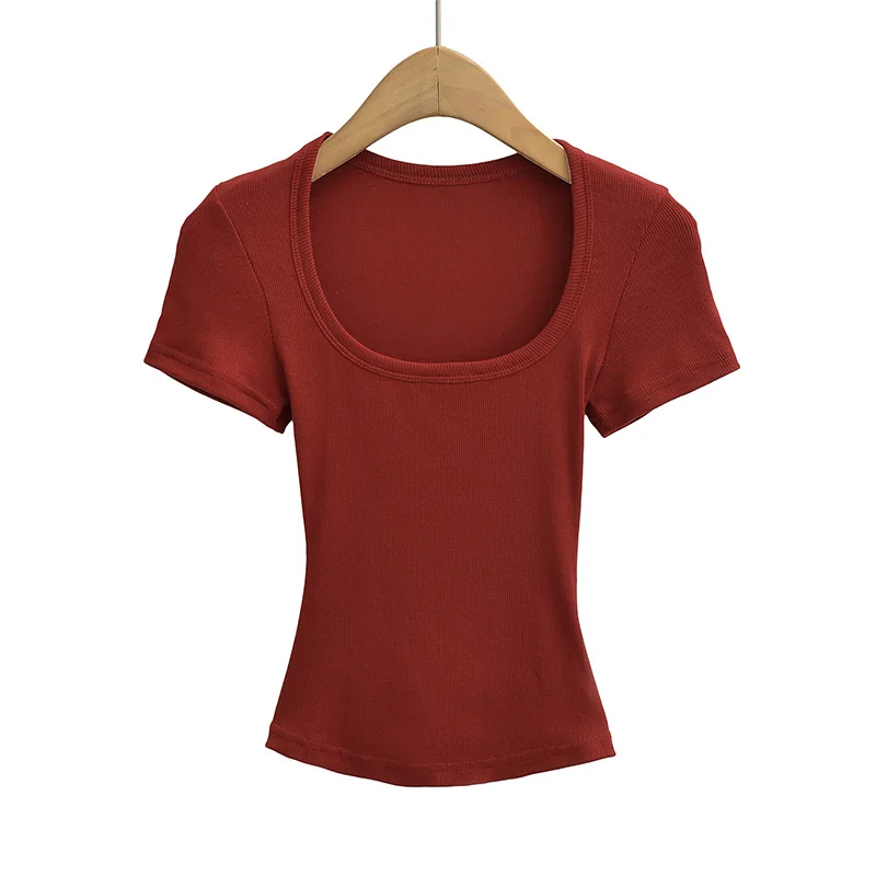 Summer square neck high elasticity crop top women's short sleeved sexy top slim fit pullover base shirt - Image 10