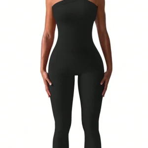 Women Knit One Shoulder Yoga Jumpsuit Solid Color Workout Ribbed Sport Jumpsuits Casual One Piece