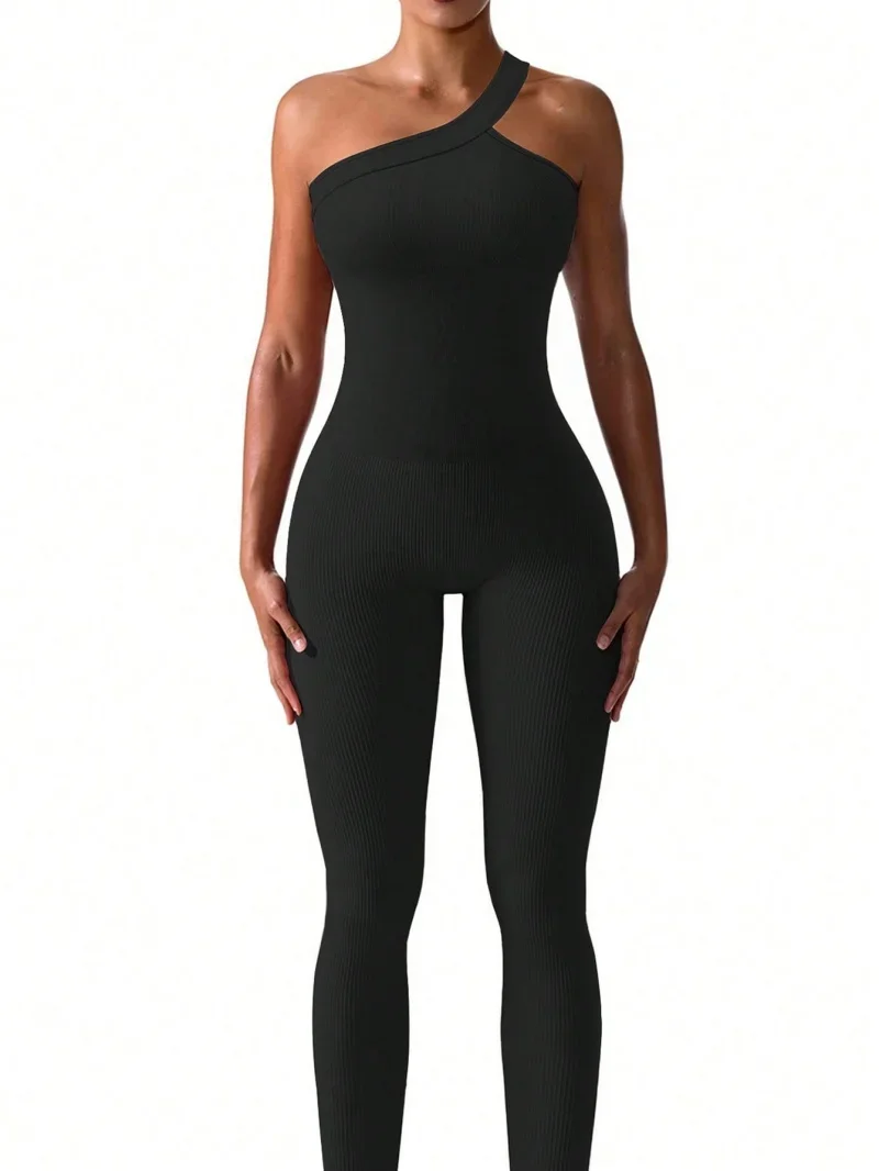 Women Knit One Shoulder Yoga Jumpsuit Solid Color Workout Ribbed Sport Jumpsuits Casual One Piece - الصورة 5