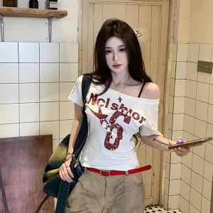 Y2k Sport Summer Off shoulder Top Women Sexy Vintage 2000s Short sleeve T shirt Lady Body Basic Crop Top Female Casual