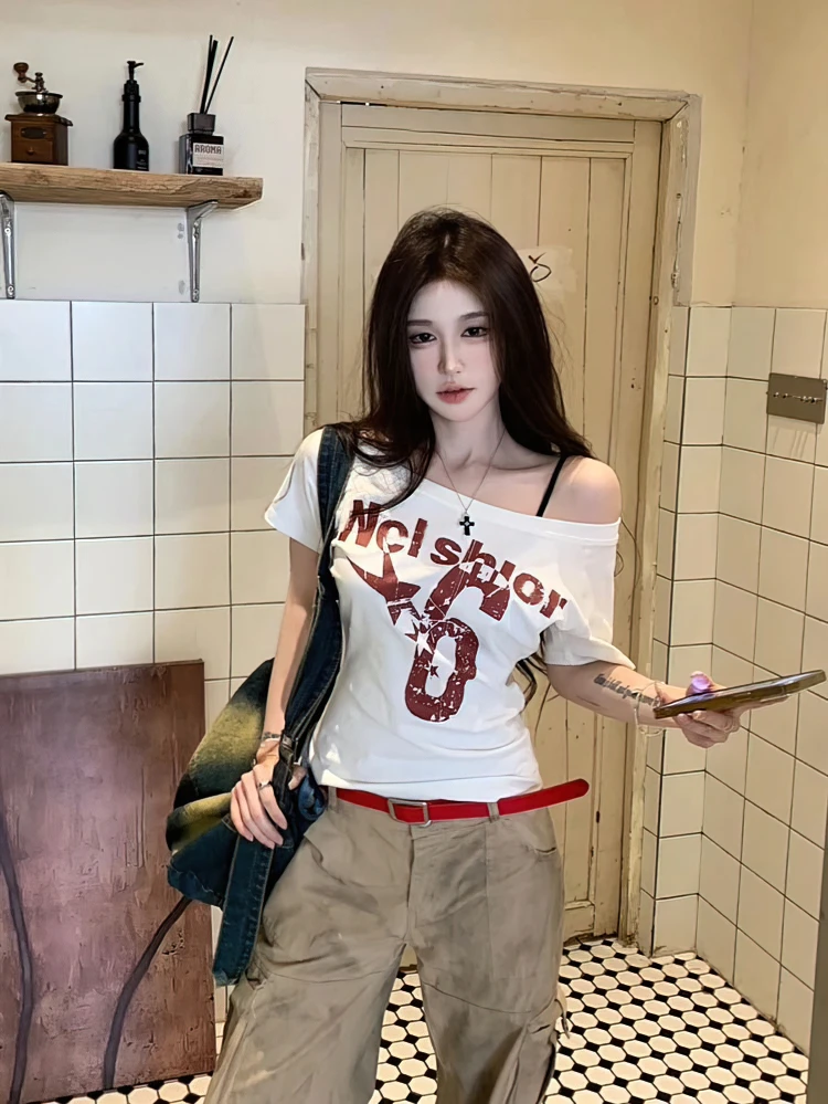 Y2k Sport Summer Off shoulder Top Women Sexy Vintage 2000s Short sleeve T shirt Lady Body Basic Crop Top Female Casual - Image 6