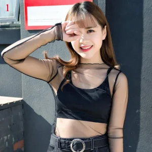 Women Half High Collar Lace Bottomed Blouse Spring And Autumn  Hollow Mesh Top Sexy Western-style Long Sleeve T-shirt Crop Top
