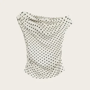 Summer Korean Style Retro Ivory Black Polka Dot Slim Fit Short-Sleeved Off-The-Shoulder T-Shirt