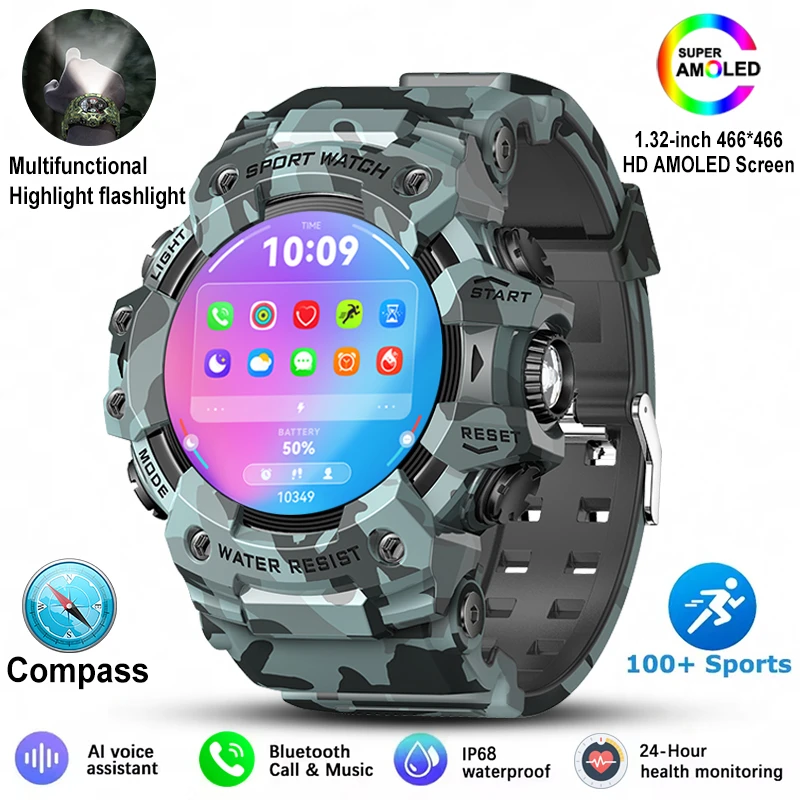 New Military Outdoor Sports Smart Watch Men Bluetooth Call Heart Rate Sports Fitness Compass IP68 Waterproof Rugged Smartwatch - Image 9