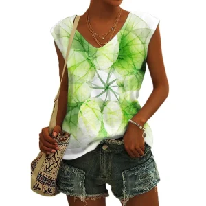 Women's Basic T-shirts Blue Flower Printed Breathable V Neck Cap Sleeves Tank Tops Vintage Summer Beach Loose Fit Tees Tops