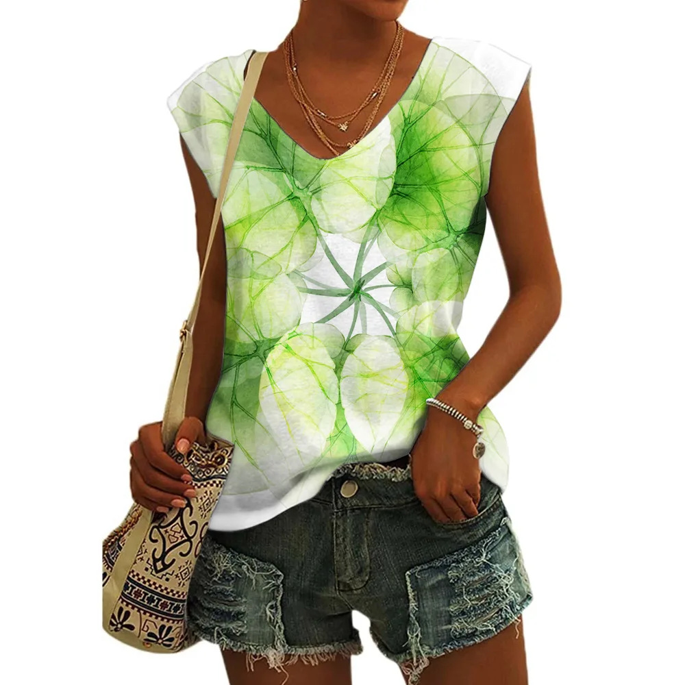 Women's Basic T-shirts Blue Flower Printed Breathable V Neck Cap Sleeves Tank Tops Vintage Summer Beach Loose Fit Tees Tops - Image 15