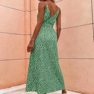 Elegant Ladies Spotted Print Split-Design Halter Dress with Waist-Cinching Feature Fashionable Women's Summer Dress