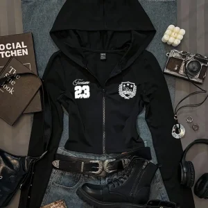Casual women's wear minimalist printed solid color fitted hooded sweatshirt T-shirt, autumn, zipper cardigan pattern