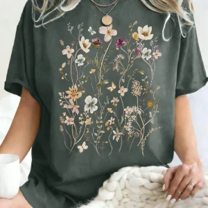 Beautiful Flower Clusters Printing Woman T-Shirt Summer Oversized Short Sleeve O-Neck Cotton T Shirts Y2K Women Sports Tops