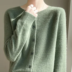 Women 100% Merino Wool Cardigan Soft O-Neck Cashmere Sweater OL Buttoned Knitwear Casual Top Clothing Korean Style