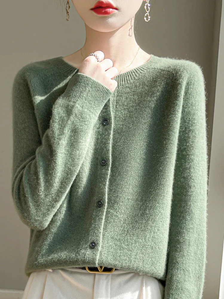 Women 100% Merino Wool Cardigan Soft O-Neck Cashmere Sweater OL Buttoned Knitwear Casual Top Clothing Korean Style - Image 8