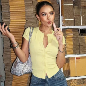 Tuularose Fashion New T-Shirt Women's Casual Solid Slim-Fit Crew Neck Cardigan T-Shirt Summer Office Lady Vacation Female Tops