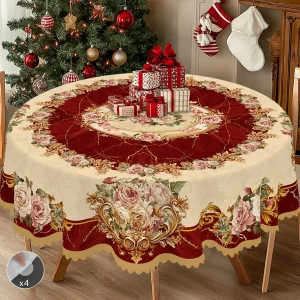 1 Piece of Retro Floral Theme Tablecloth, Marble Shading and Red and Gold Rose Pattern Design, Rural Farmhouse Style, Suitable for Camping Style Picnic, Christmas Holiday Party, Garden Birthday Party Decoration, Kitchen Accessories, Restaurant Terrace, Indoor and Outdoor Tablecloth, Perfect Gift for